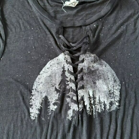 Modish Rebel women's lace up neckline short sleeve moon Graphic T-shirt black - Picture 2 of 7